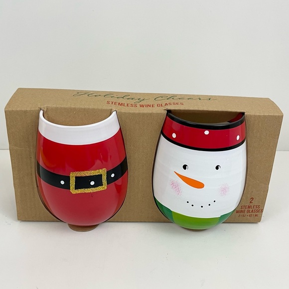 Holiday Cheer Stemless Wine Glasses Santa Snowman Christmas Set of 2 NEW - Picture 10 of 11